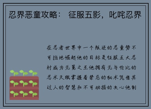 忍界恶童攻略： 征服五影，叱咤忍界