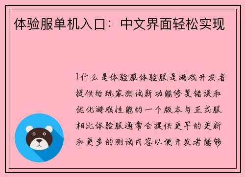 体验服单机入口：中文界面轻松实现